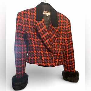 Byblos Red and Black Houndstooth Blazer with Fur Collar & Cuffs (size 40, small)